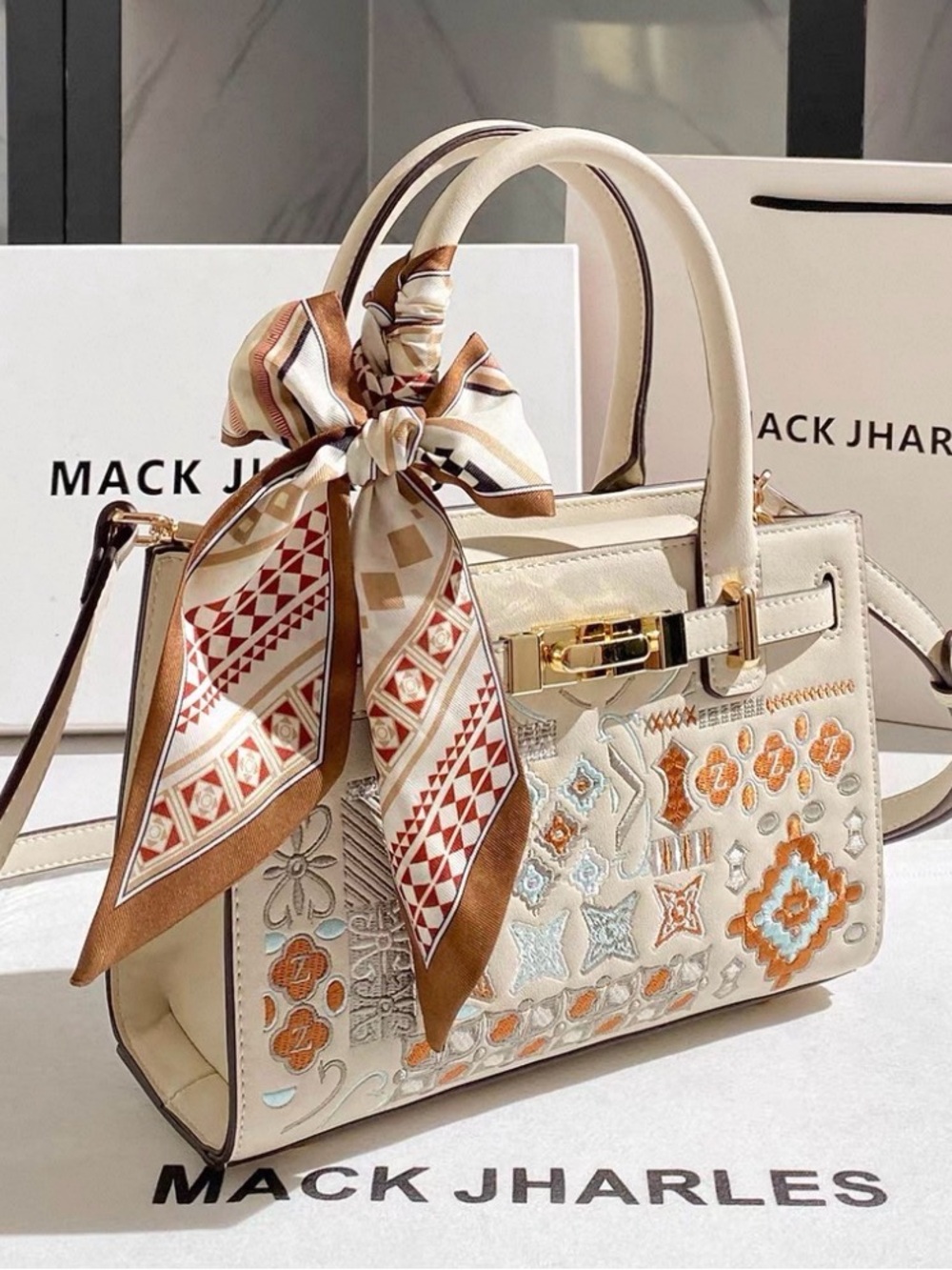 Cream Embroidered Satchel with Scarf Accent